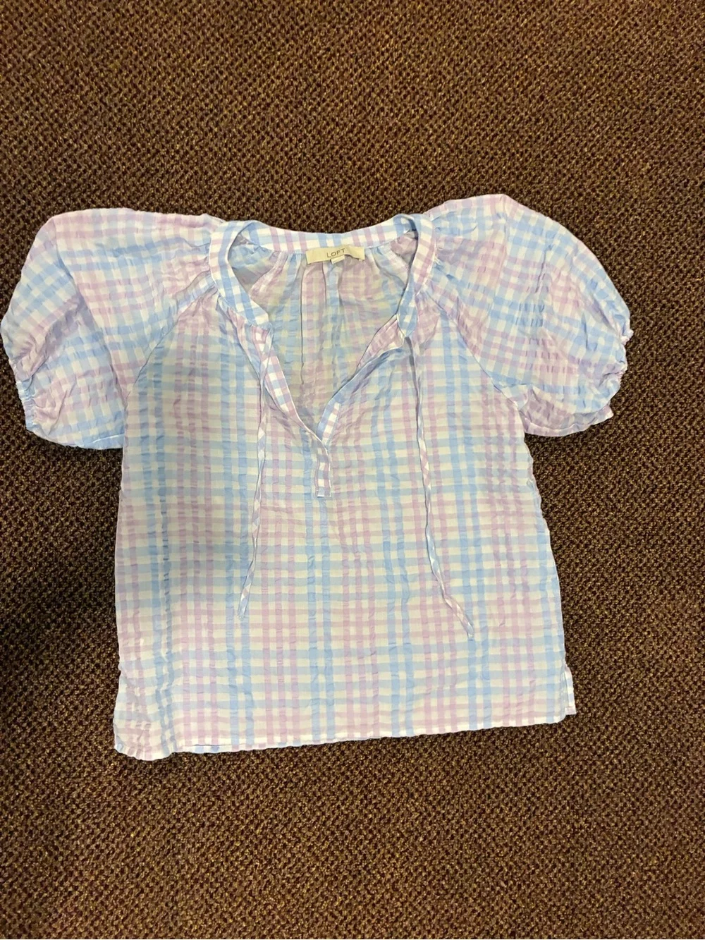 LOFT Pastel Pink and Blue Gingham Woman’s Puff-Sleeve Blouse
